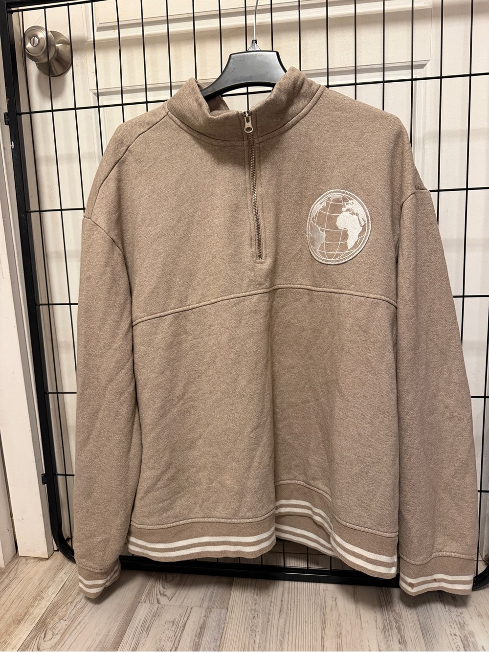 Original Use Men's Quarter-Zip Sweater in Taupe with Globe Logo